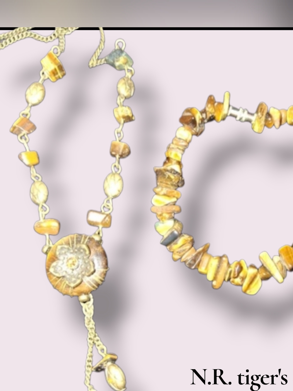 Signed Tiger's Eye Beaded Gemstone Lariat Necklace NR and Unsigned Bracelet